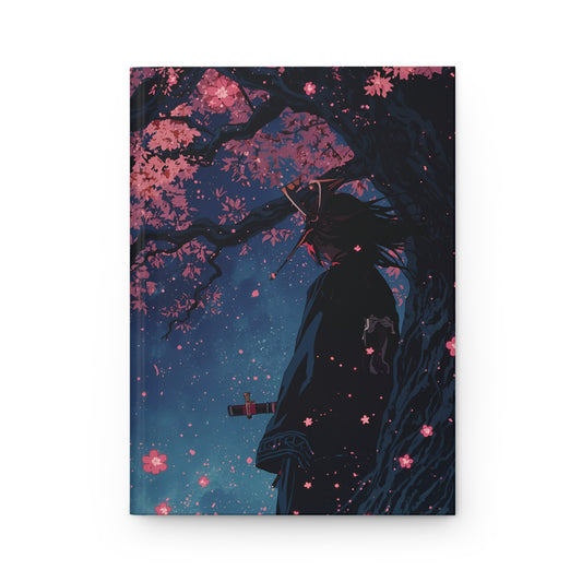 Surreal artwork of a figure under a cherry blossom tree with a dark blue sky.