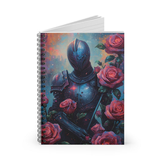 Notebook with a design of a knight in armor surrounded by roses on a white background