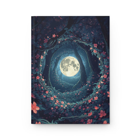 Notebook cover with a fantasy design of a moonlit forest path surrounded by flowers on a white background.