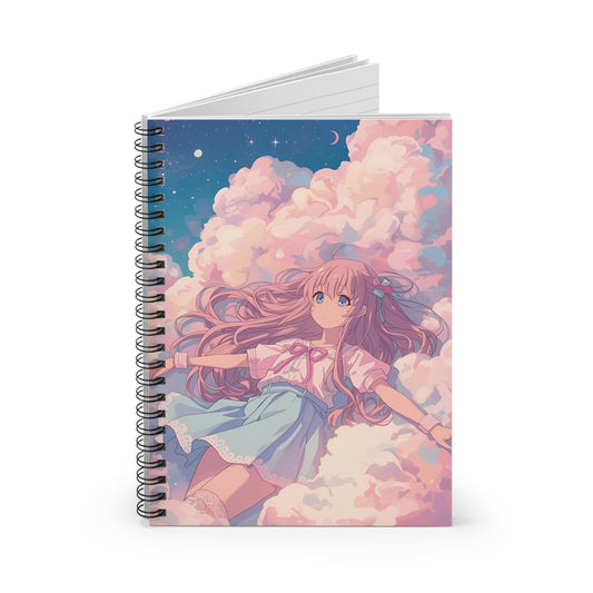 Notebook with an anime-style cover featuring a girl on clouds