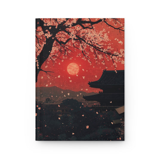 Surreal landscape with cherry blossom tree, full moon, and traditional Japanese architecture on a red background
