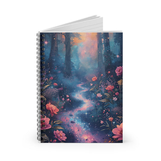 Spiral-bound notebook with a fantasy forest and floral design on the cover