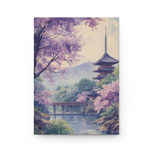 Canvas print of a Japanese landscape with cherry blossoms and a pagoda.
