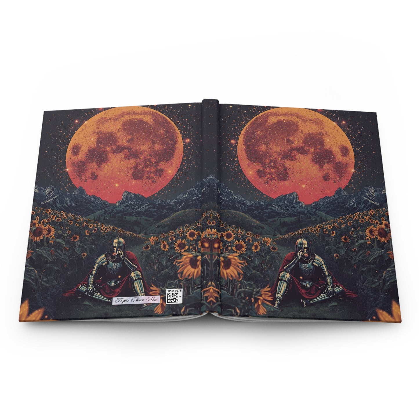 Open book with red moon illustration on a white background