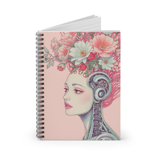 Notebook with a design of a woman's profile with mechanical elements and floral hair on a pink background