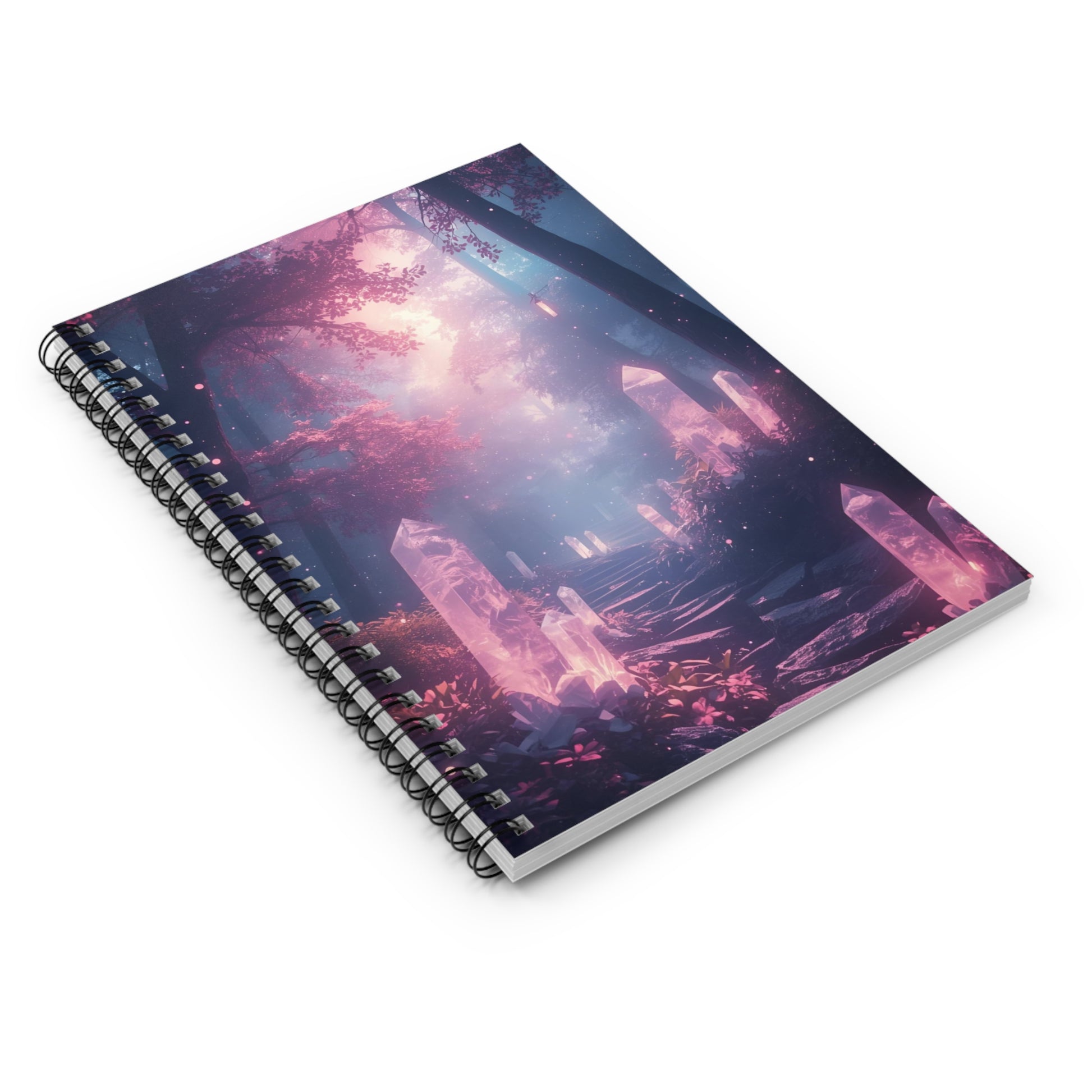 Spiral-bound notebook with a cosmic design on a white background