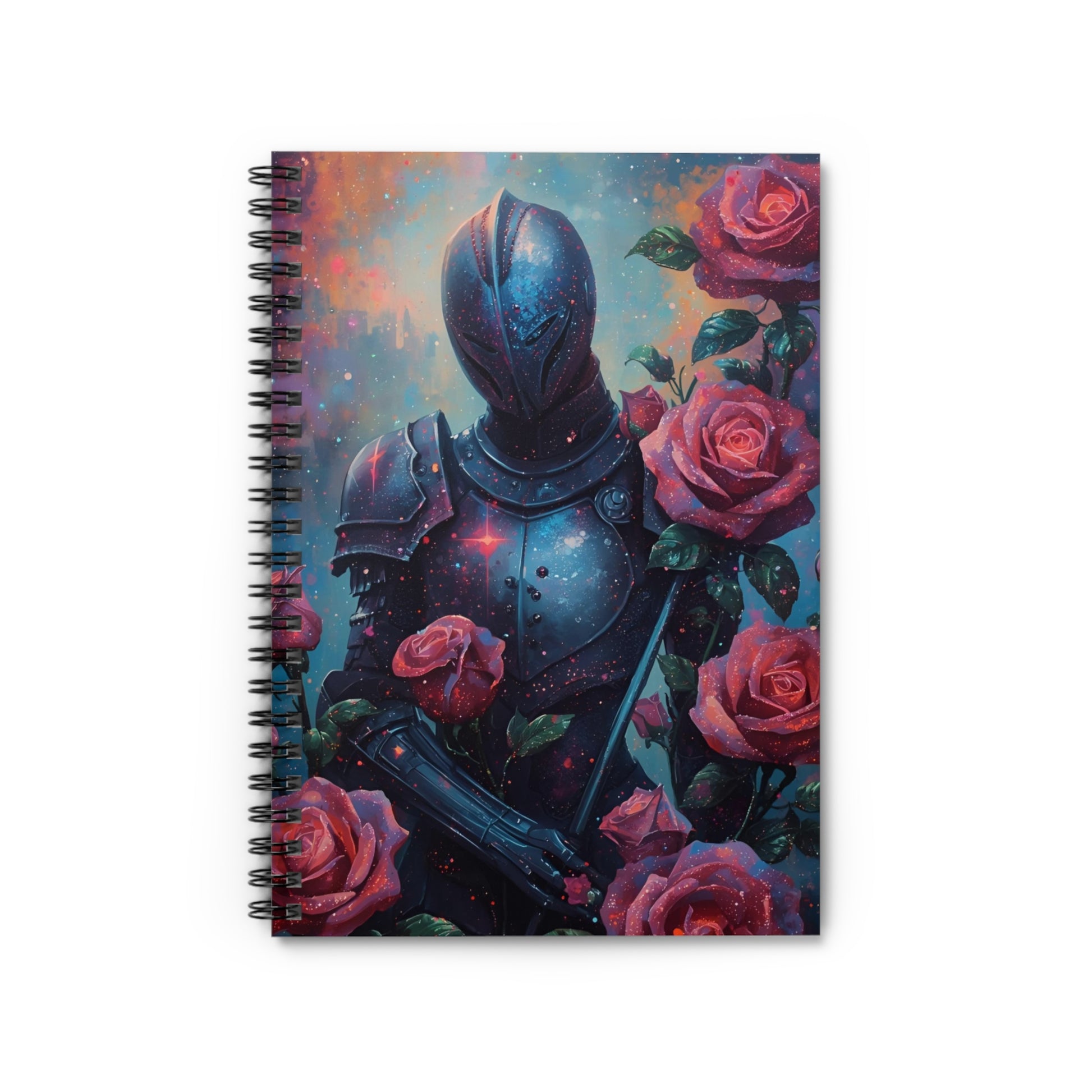 Notebook with a knight in armor surrounded by roses on a white background