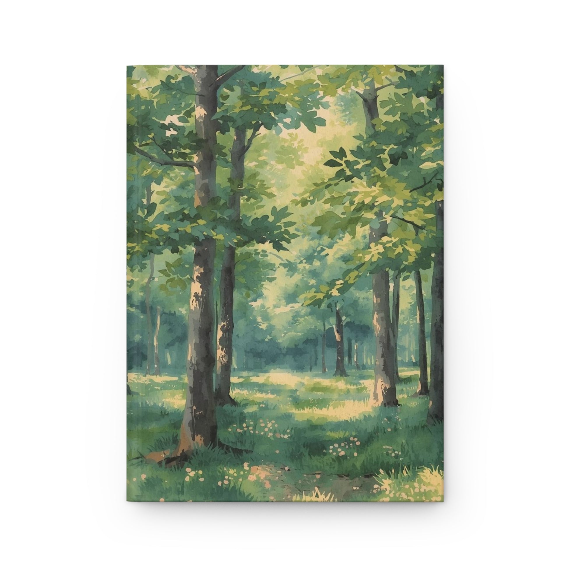 Notebook cover with a painting of a forest scene on a white background