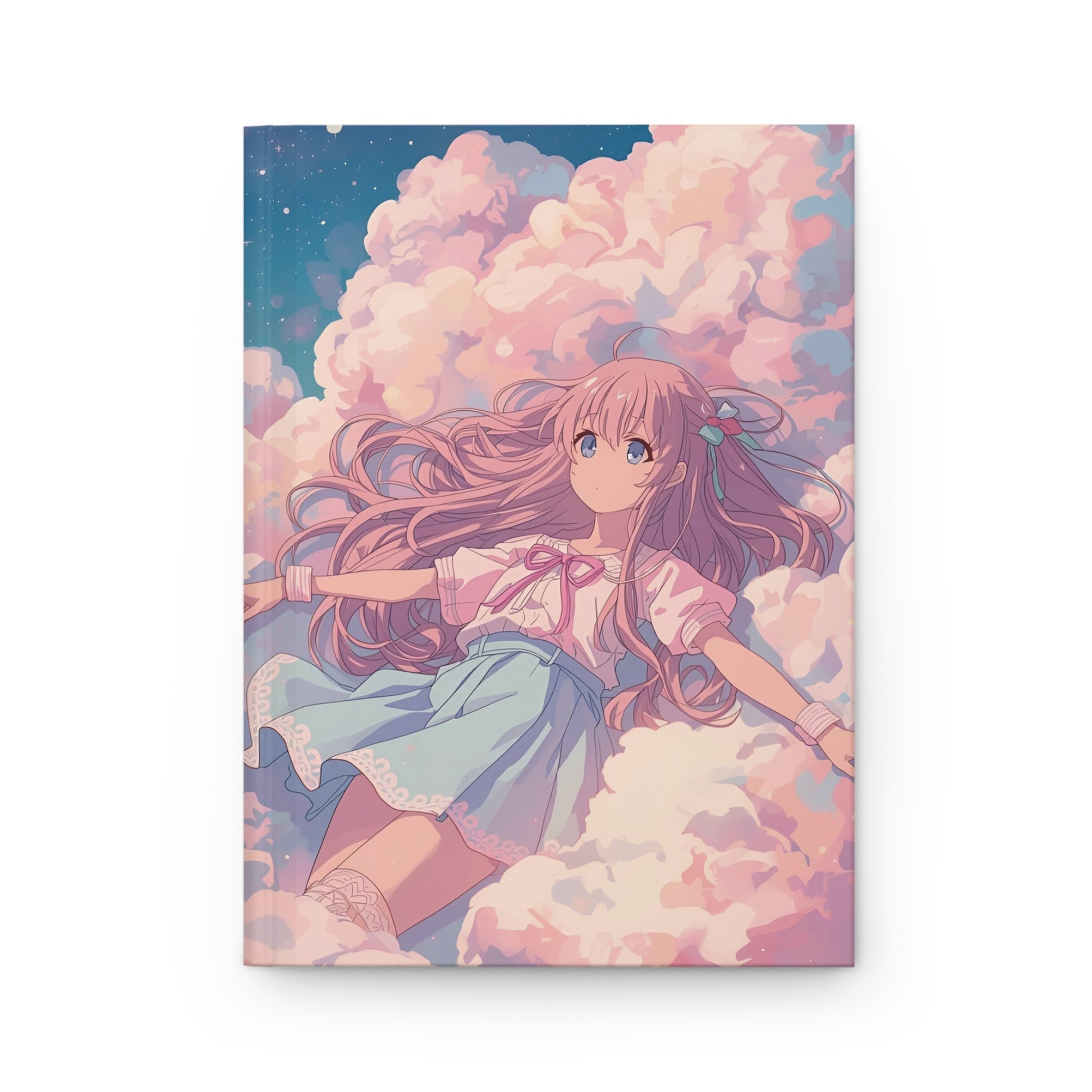 Illustration of a girl with long hair in a pink dress surrounded by clouds on a white background