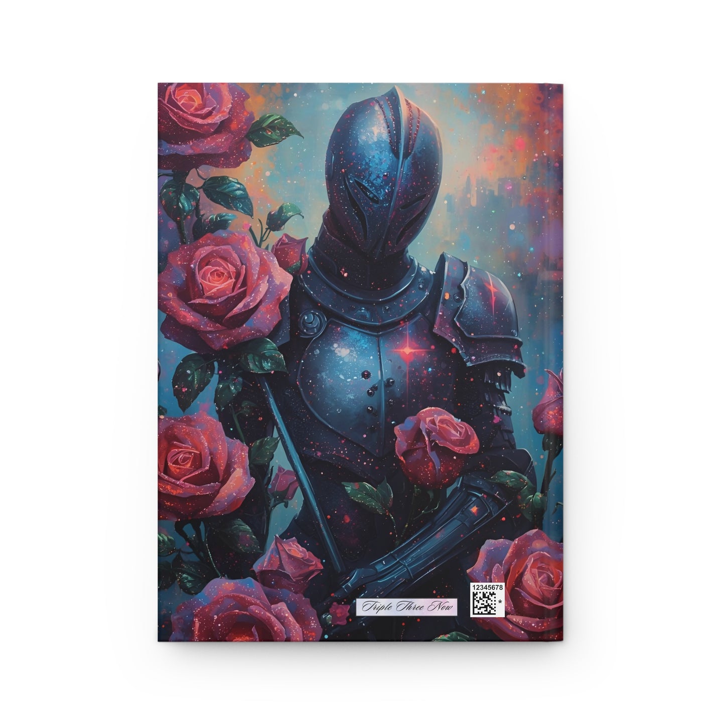 Notebook cover with a knight in armor surrounded by roses on a colorful background