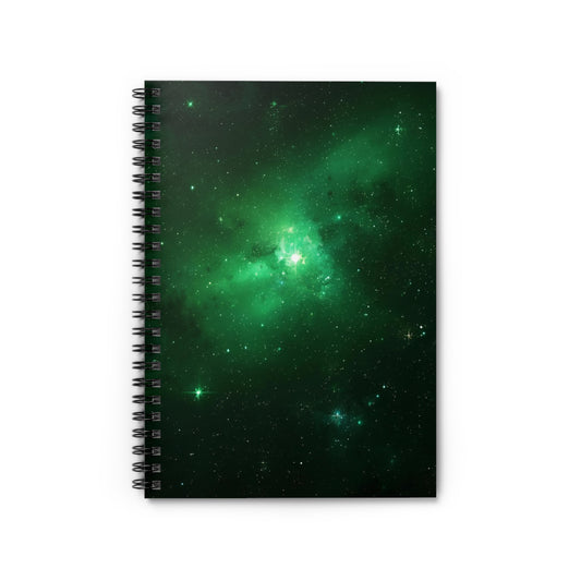 Notebook with a green galaxy design on a white background