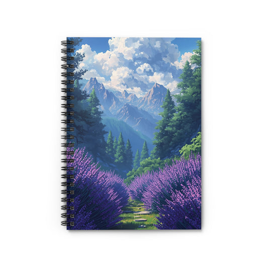 Notebook with a scenic design of lavender fields and mountains on the cover