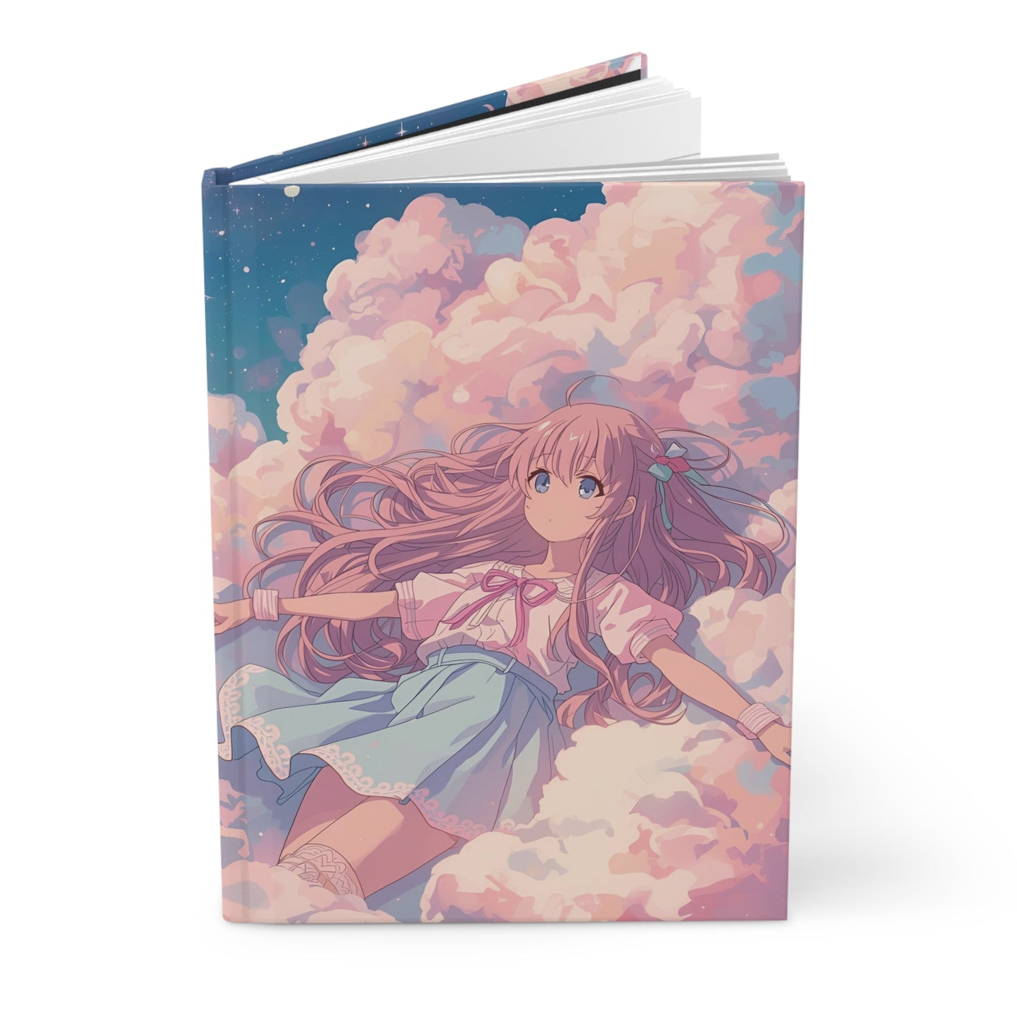Notebook with an illustration of a girl in the clouds on a blue cover