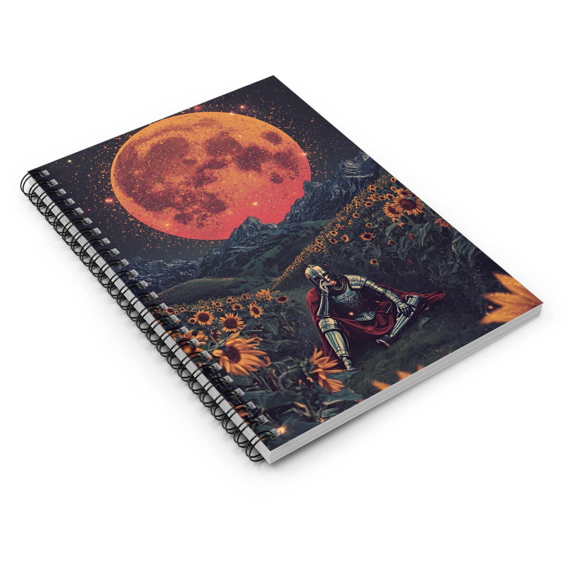 Notebook with a space-themed cover featuring a robot and a large moon.