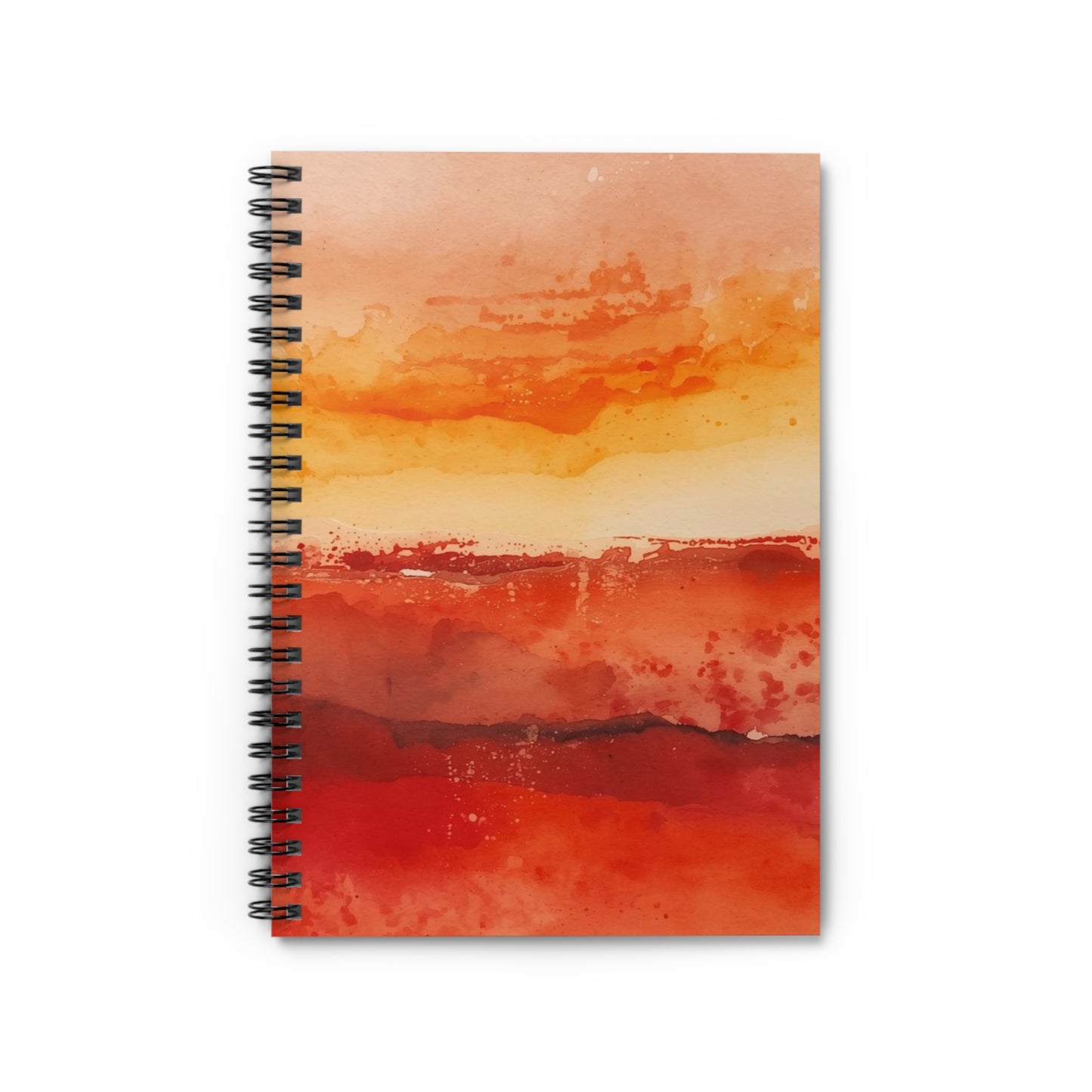 Spiral-bound notebook with a watercolor design transitioning from orange to red on a white background
