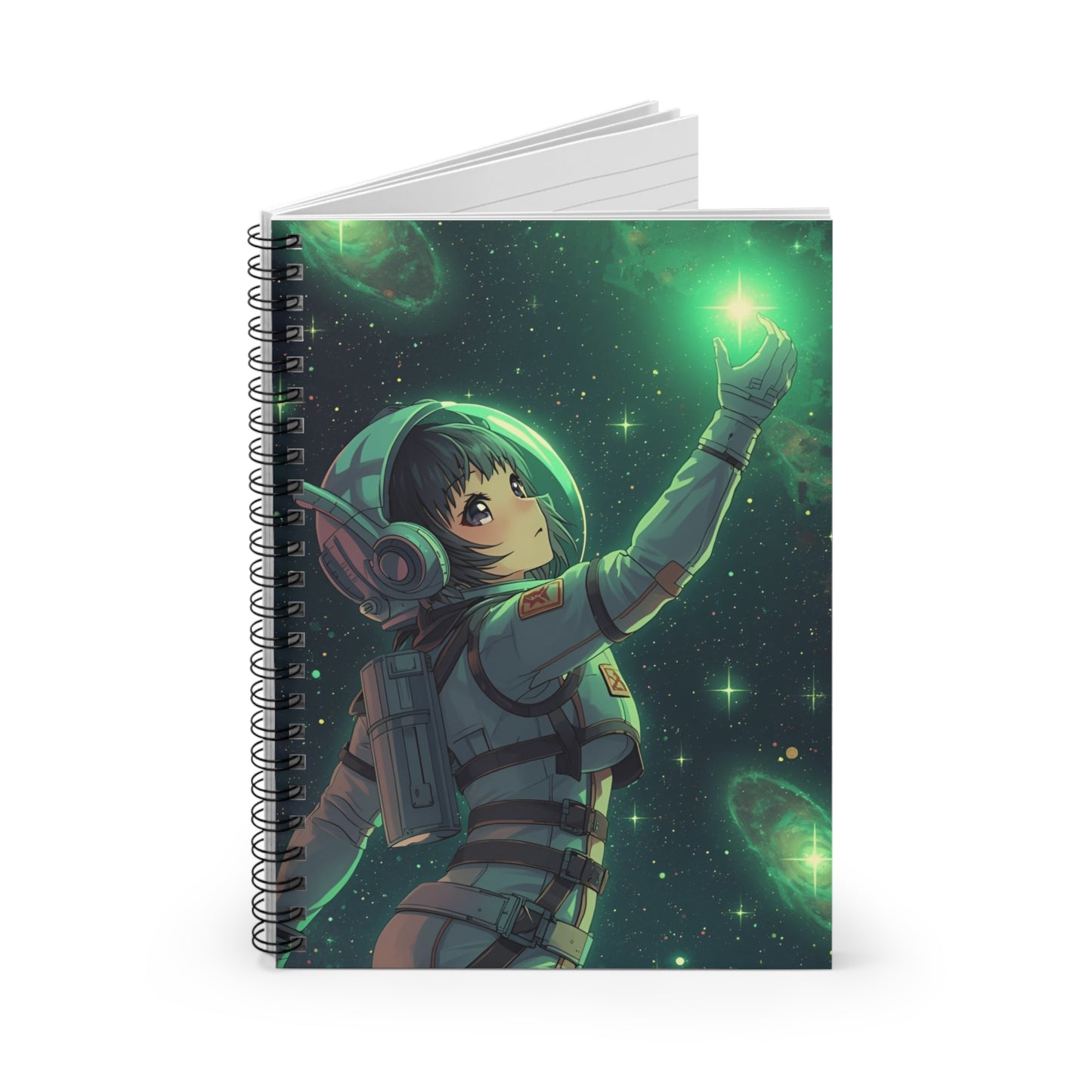 Notebook with an astronaut design on a green space-themed cover