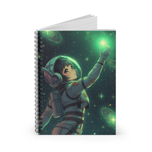 Notebook with an astronaut design on a green space-themed cover