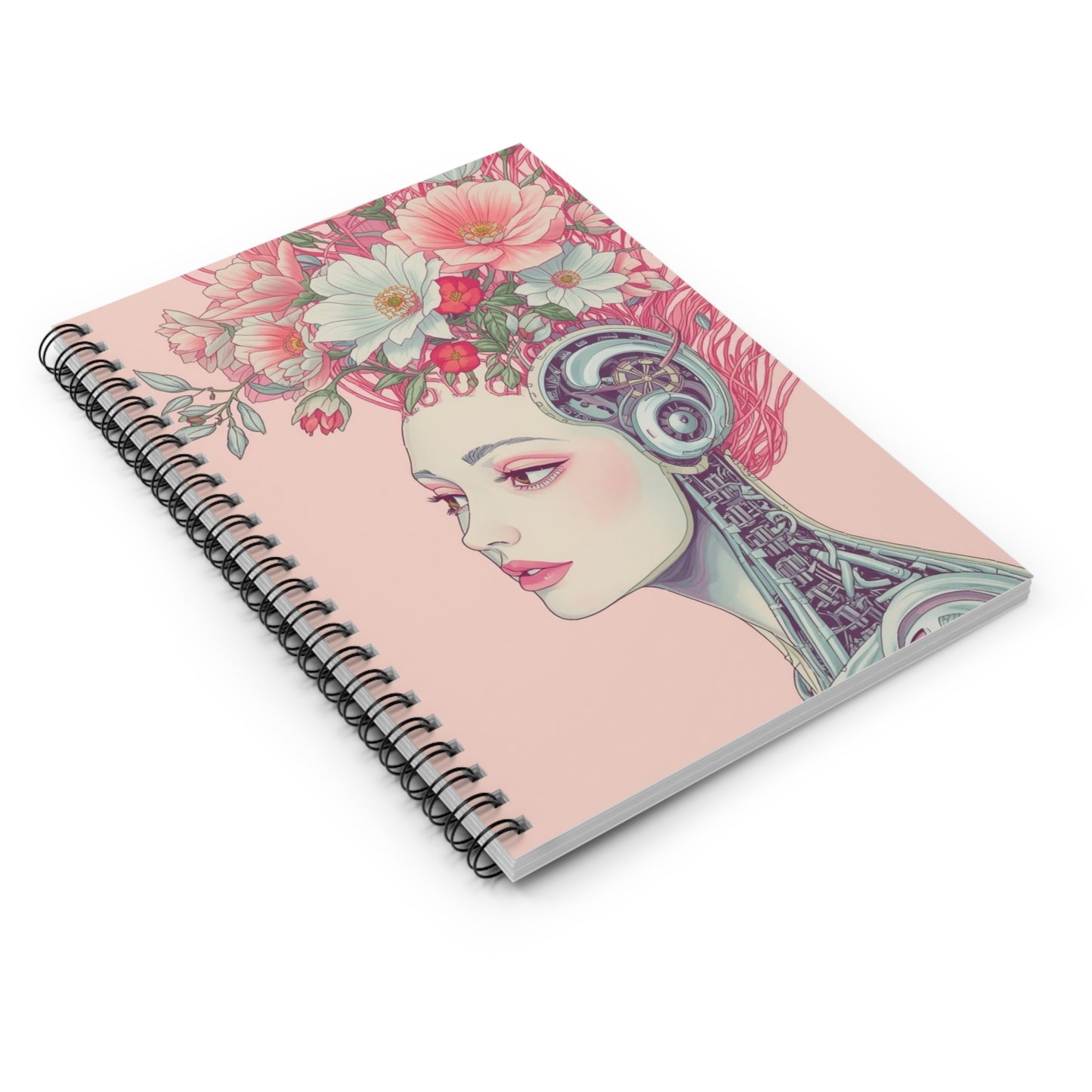 Spiral-bound notebook with a decorative cover featuring a woman's face and floral design on a pink background. cyberpunk style