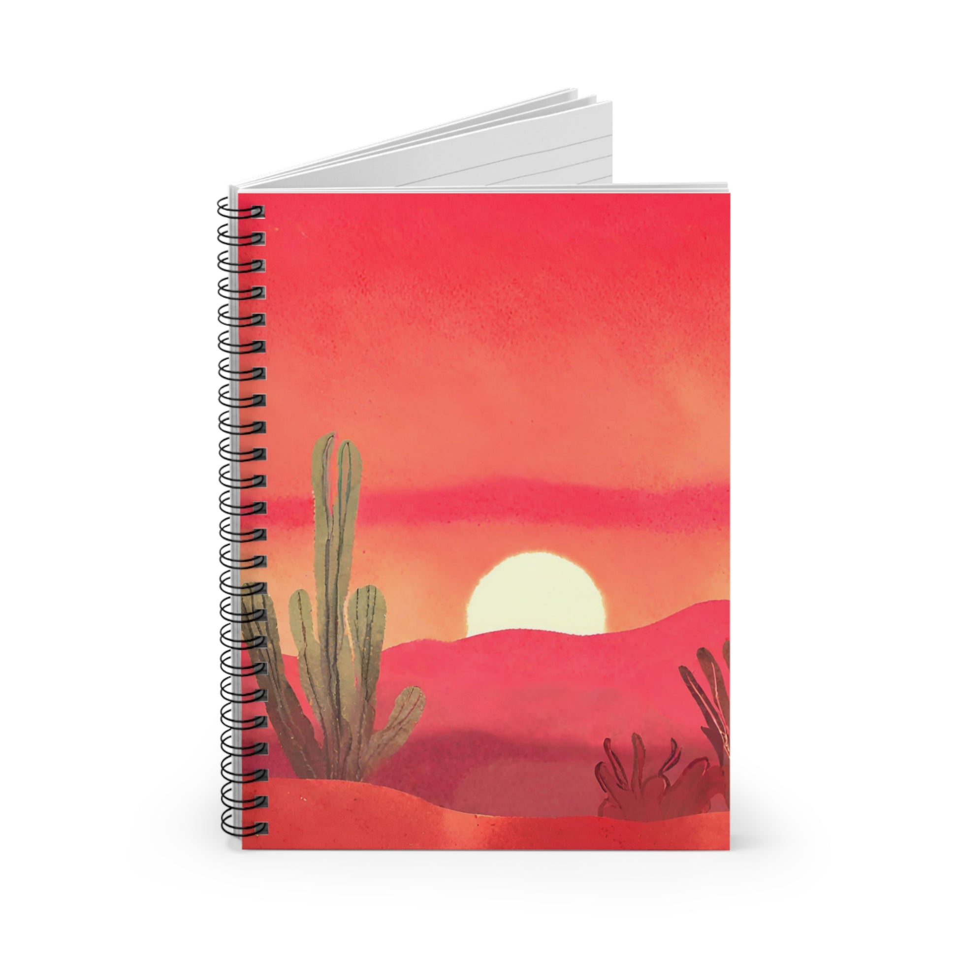 Notebook with a desert landscape design featuring a cactus and sunset on a red background.