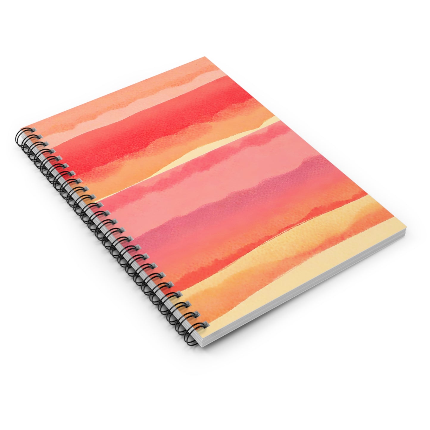 Spiral-bound notebook with a colorful striped design on a white background