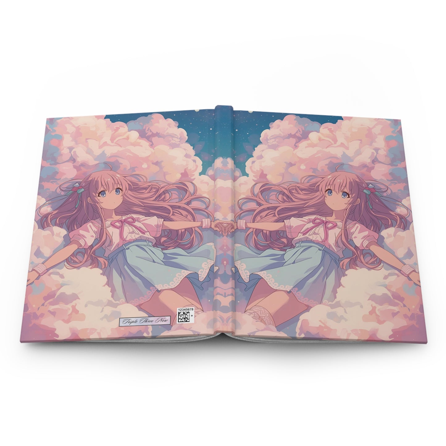 Illustrated book with a girl in a dress sitting on clouds on a white background