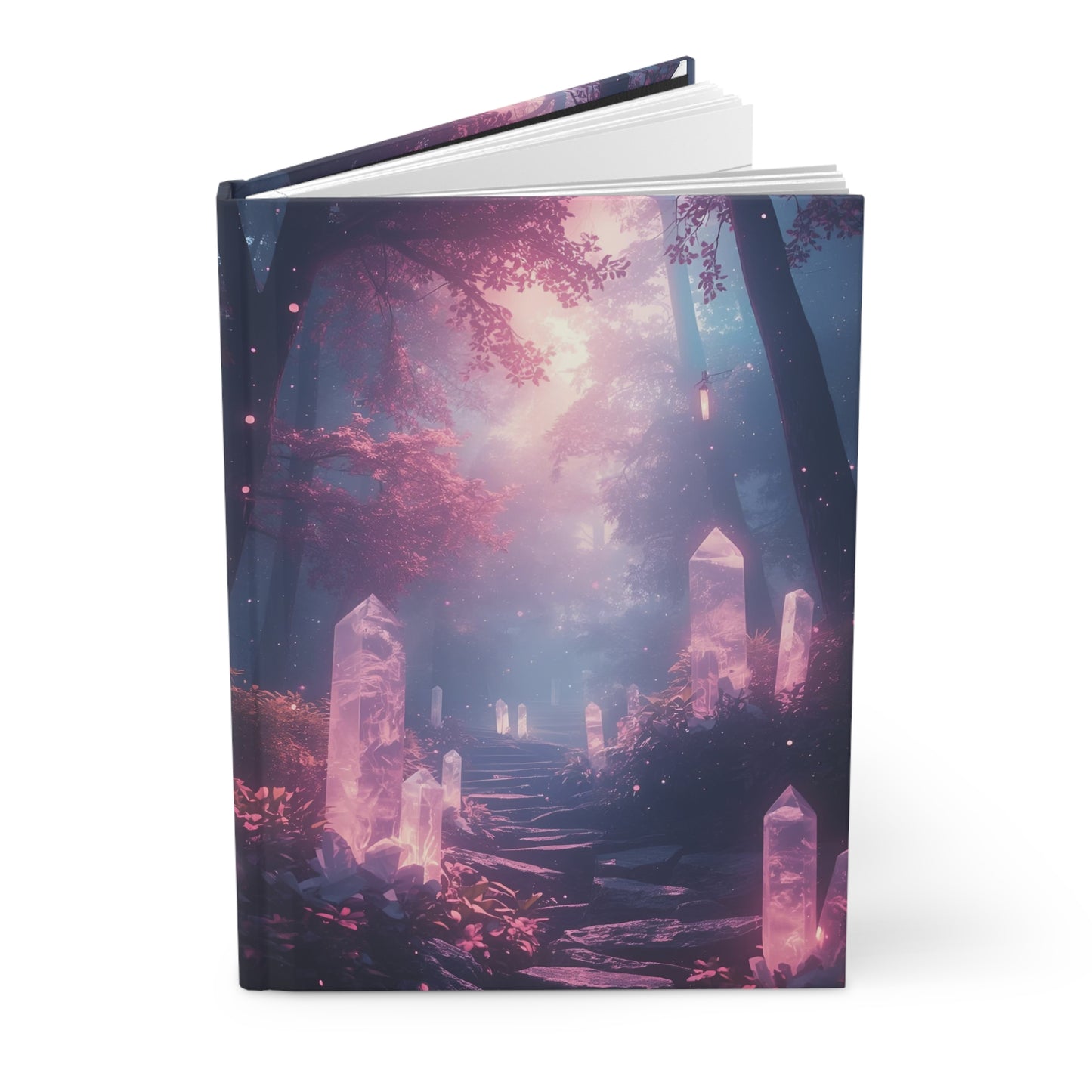 Fantasy landscape notebook with trees and glowing crystals on a white background