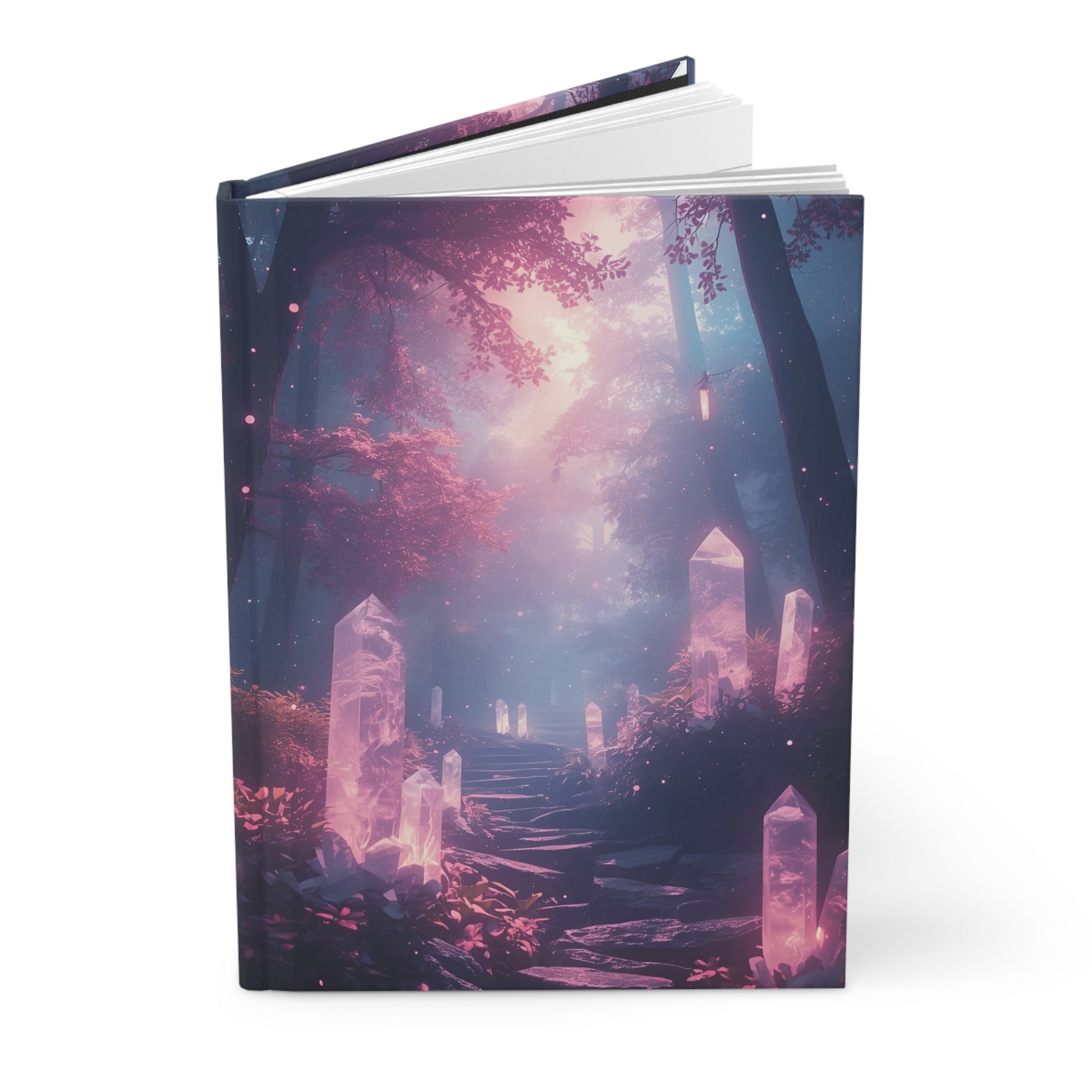 Fantasy landscape notebook with trees and glowing crystals on a white background