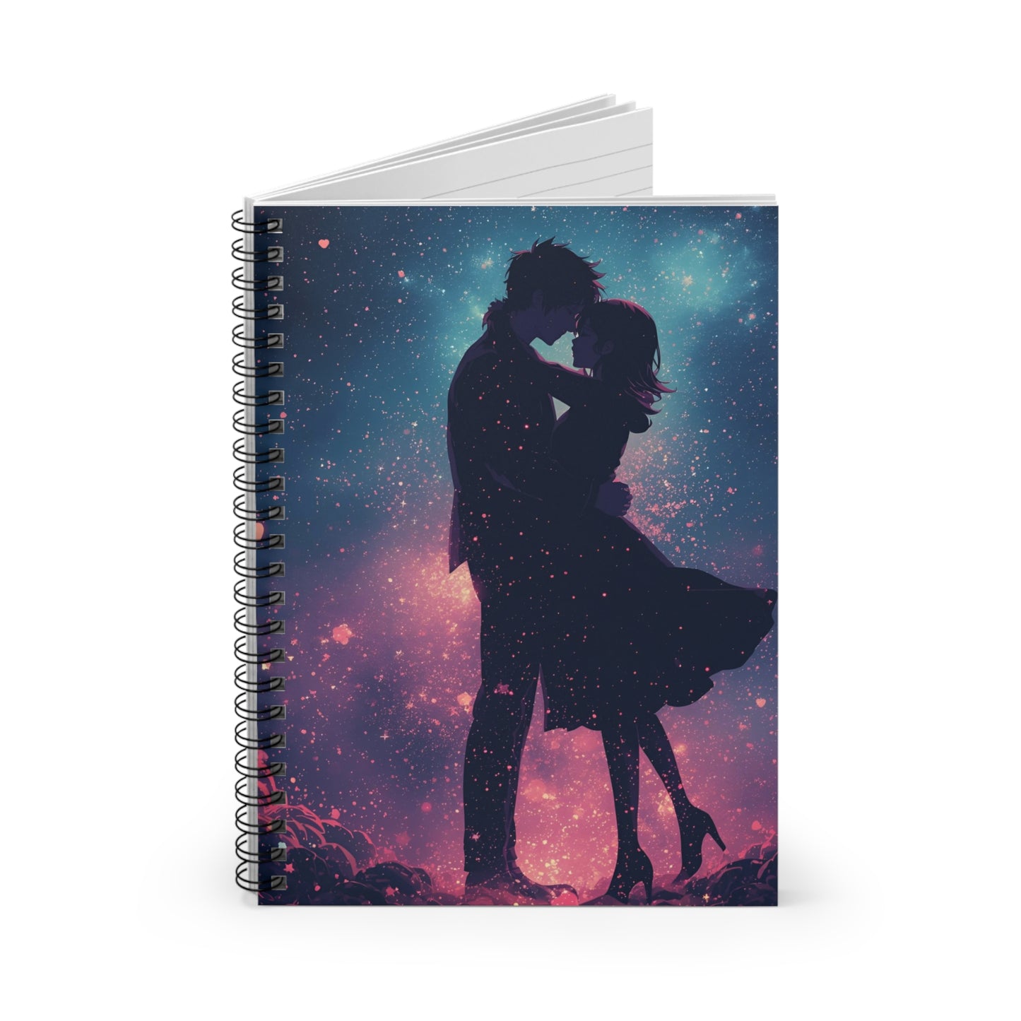 Notebook with a silhouette of a couple against a starry sky design on a white background