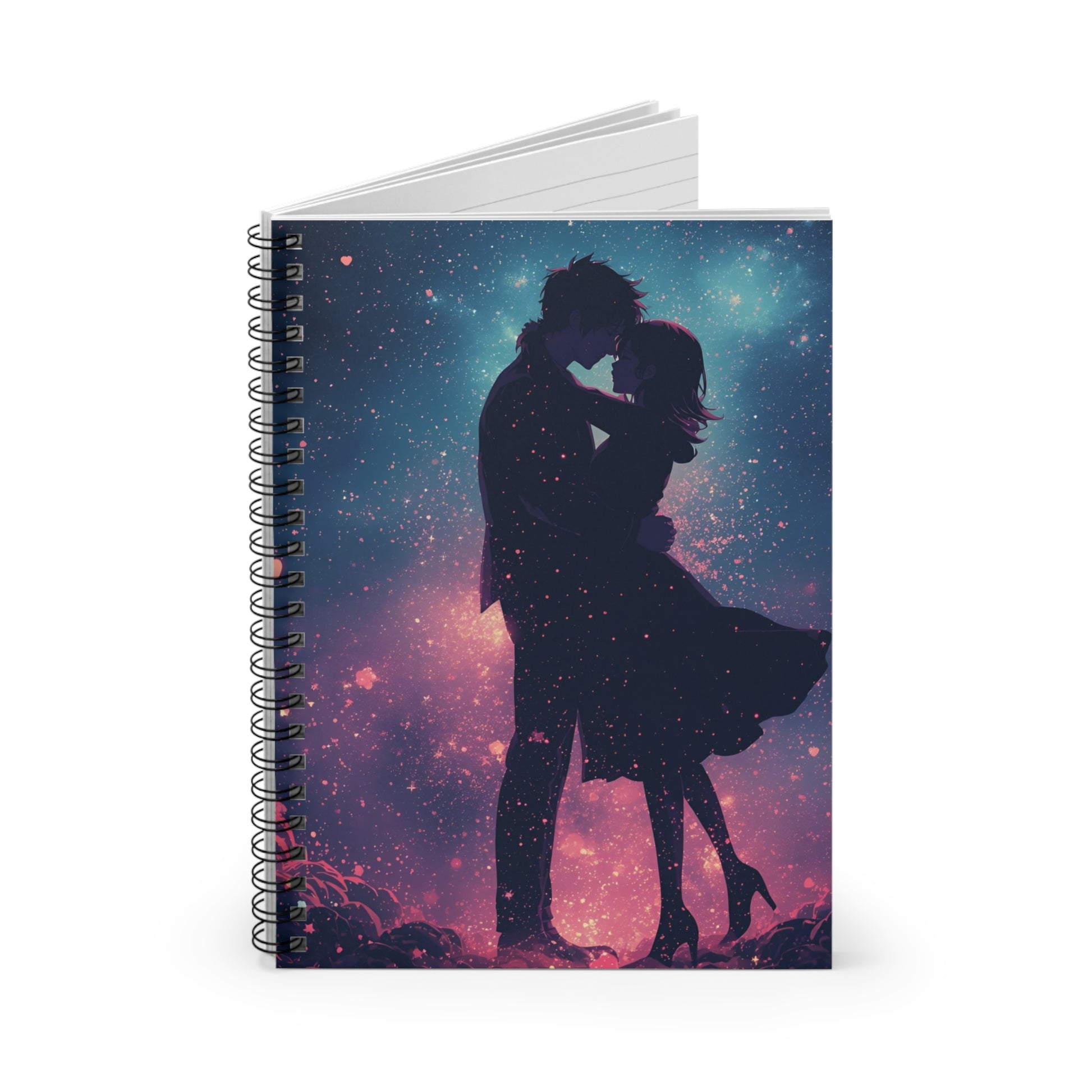 Notebook with a silhouette of a couple against a starry sky design on a white background