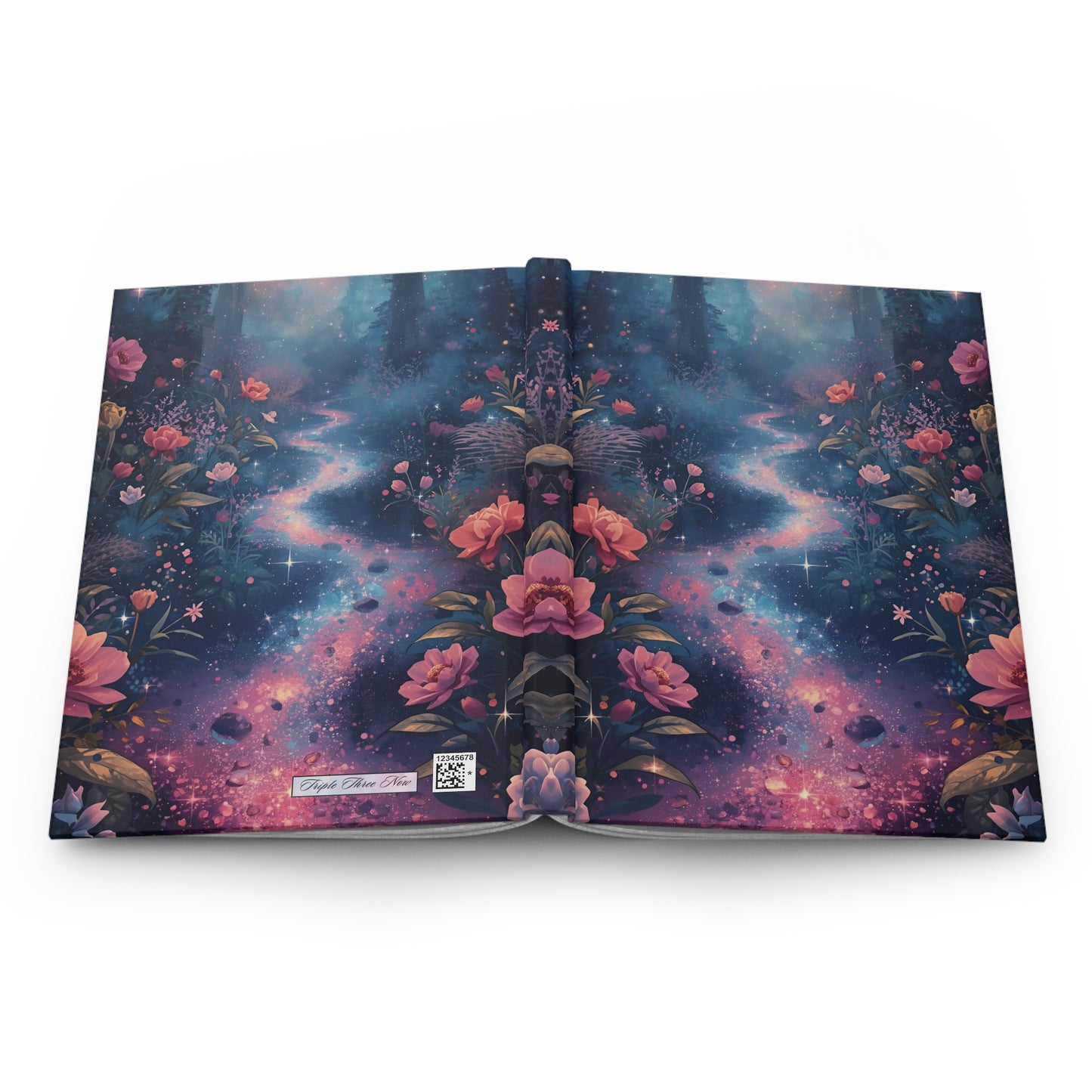 Open book with a fantasy design featuring flowers and celestial elements on a white background