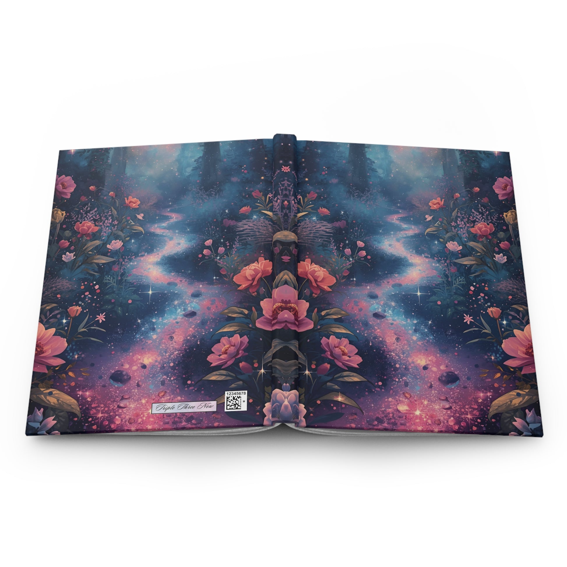 Open book with a fantasy design featuring flowers and celestial elements on a white background