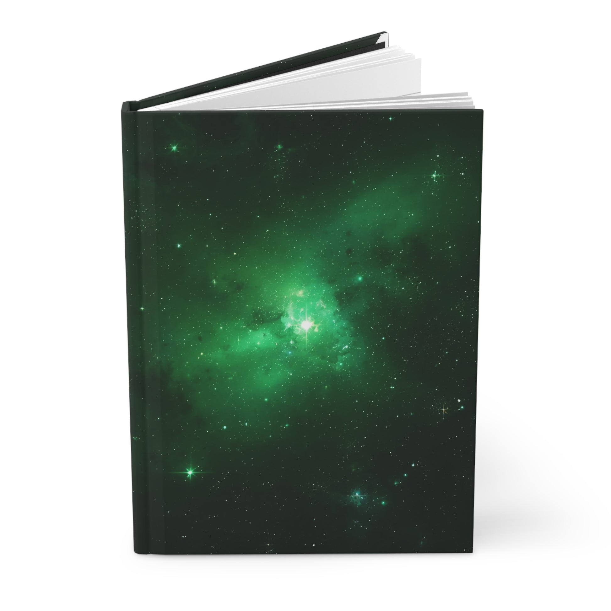 Notebook with a green galaxy design on a white background