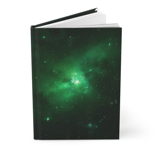 Notebook with a green galaxy design on a white background