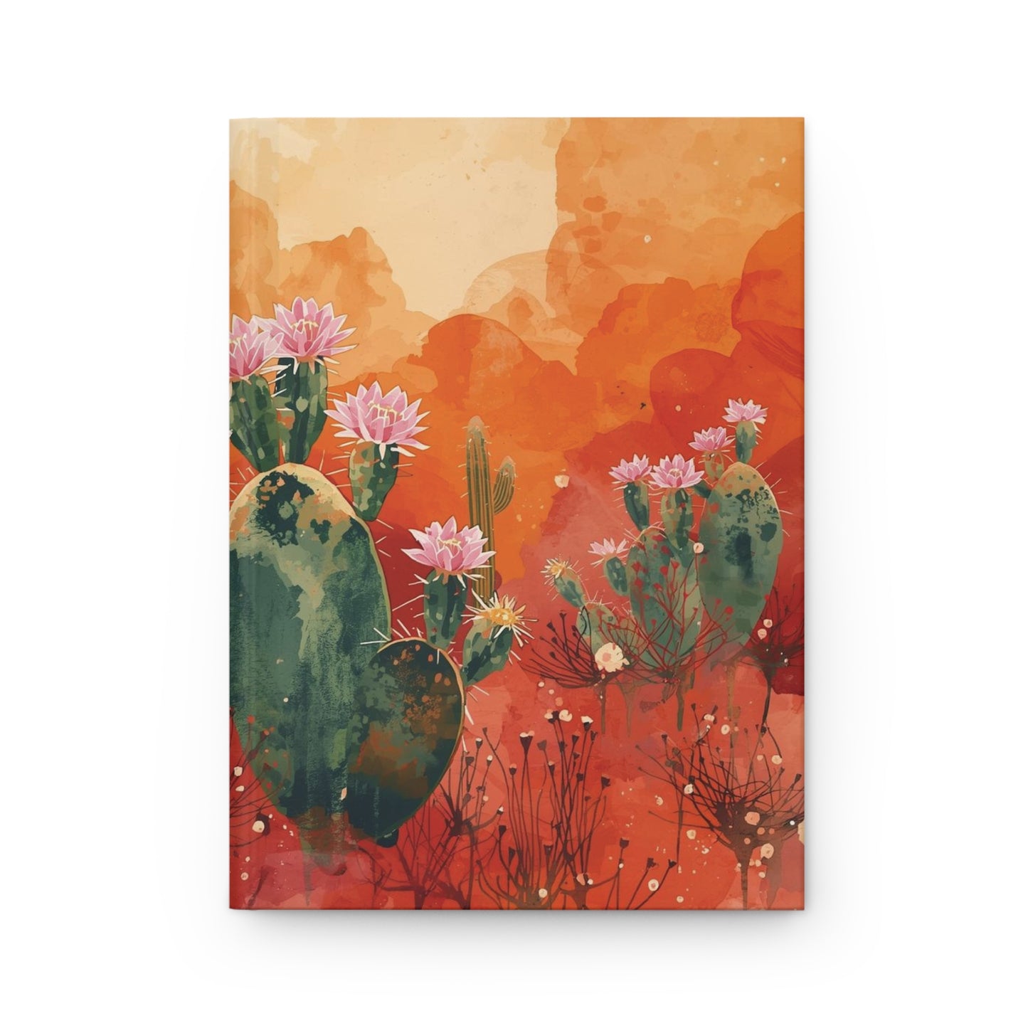 Notebook cover with cactus and flower design on a red and orange background