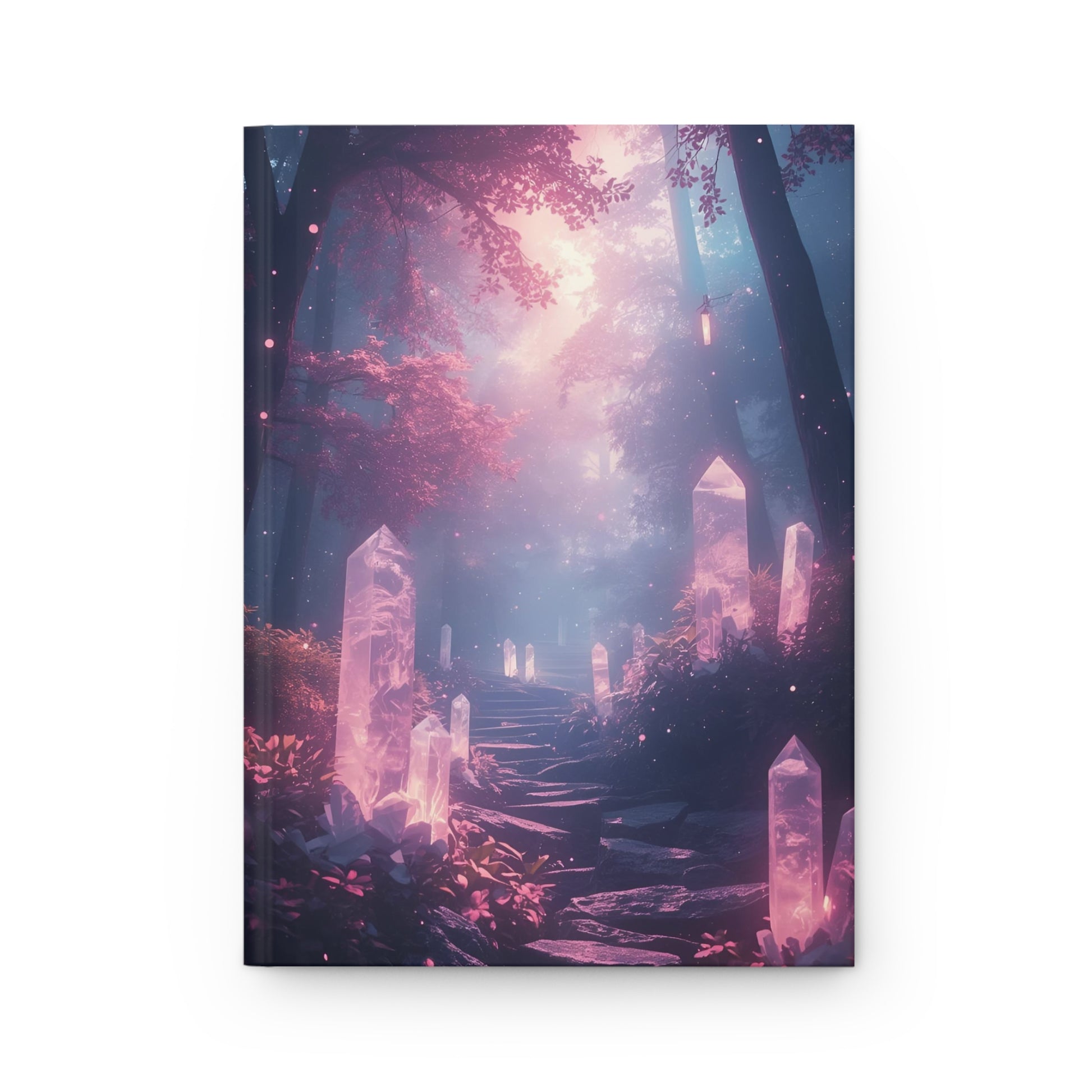 Magical forest scene with crystal pillars and a glowing light on a white background