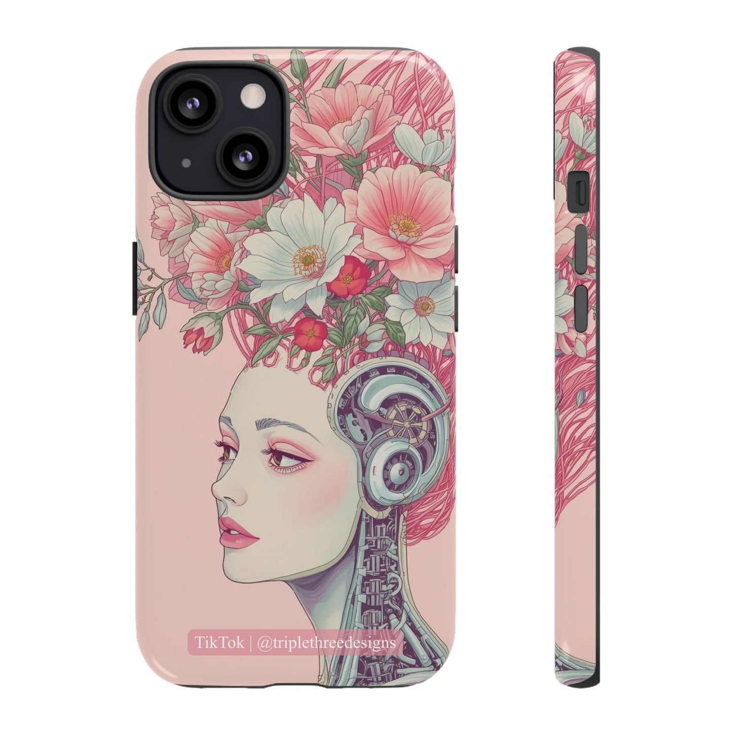 Phone case with a design of a woman's face with flowers and mechanical elements on a pink background