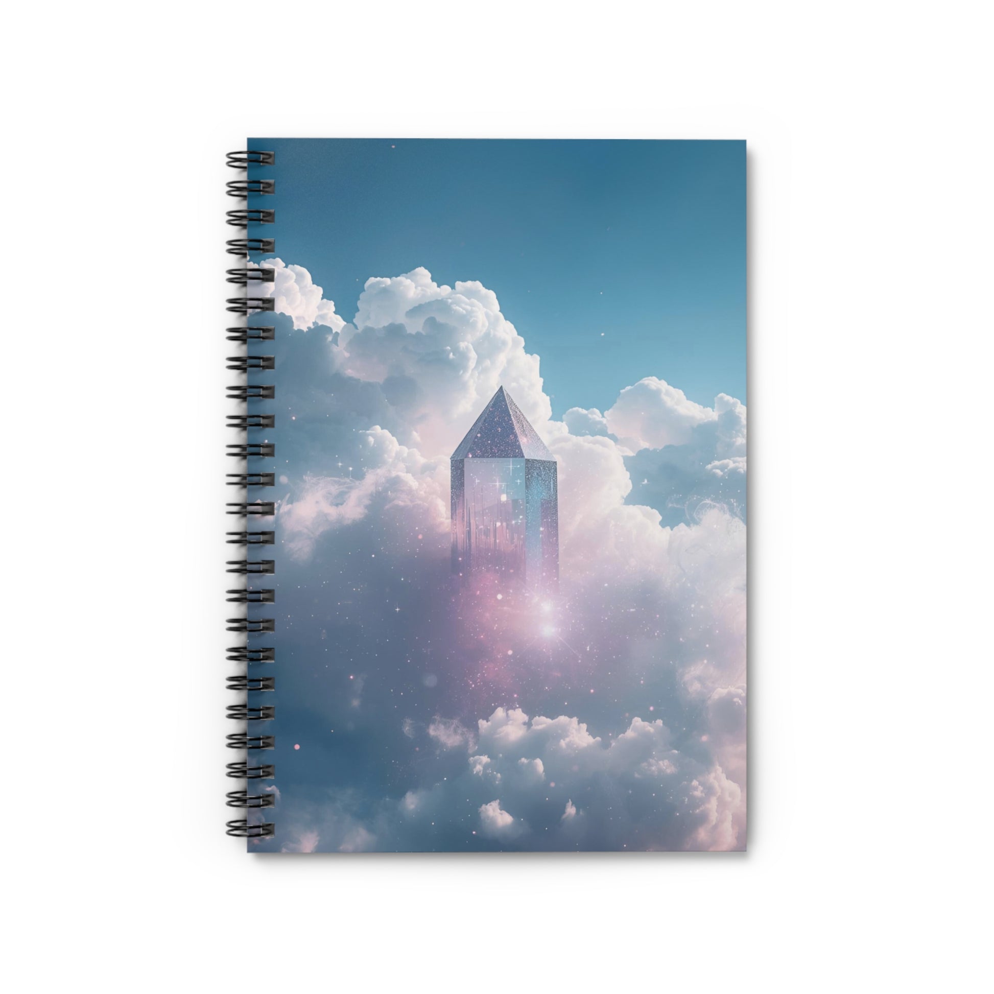 Notebook with a futuristic cityscape design on clouds and sky
