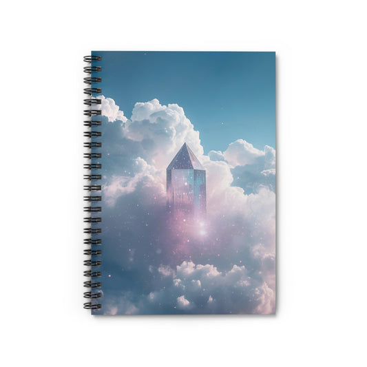 Notebook with a futuristic cityscape design on clouds and sky
