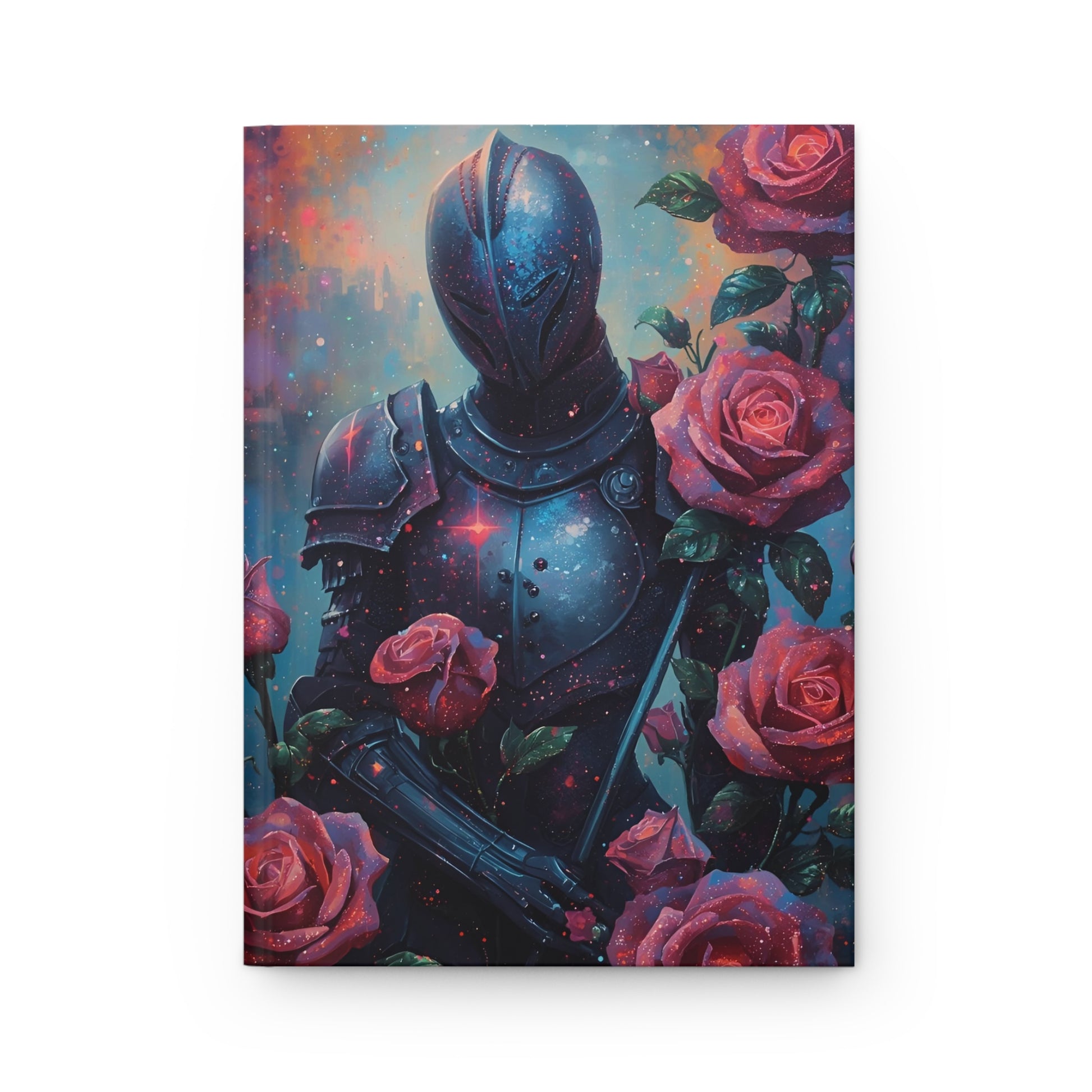 Decorative wall art with a knight in armor surrounded by roses on a white background