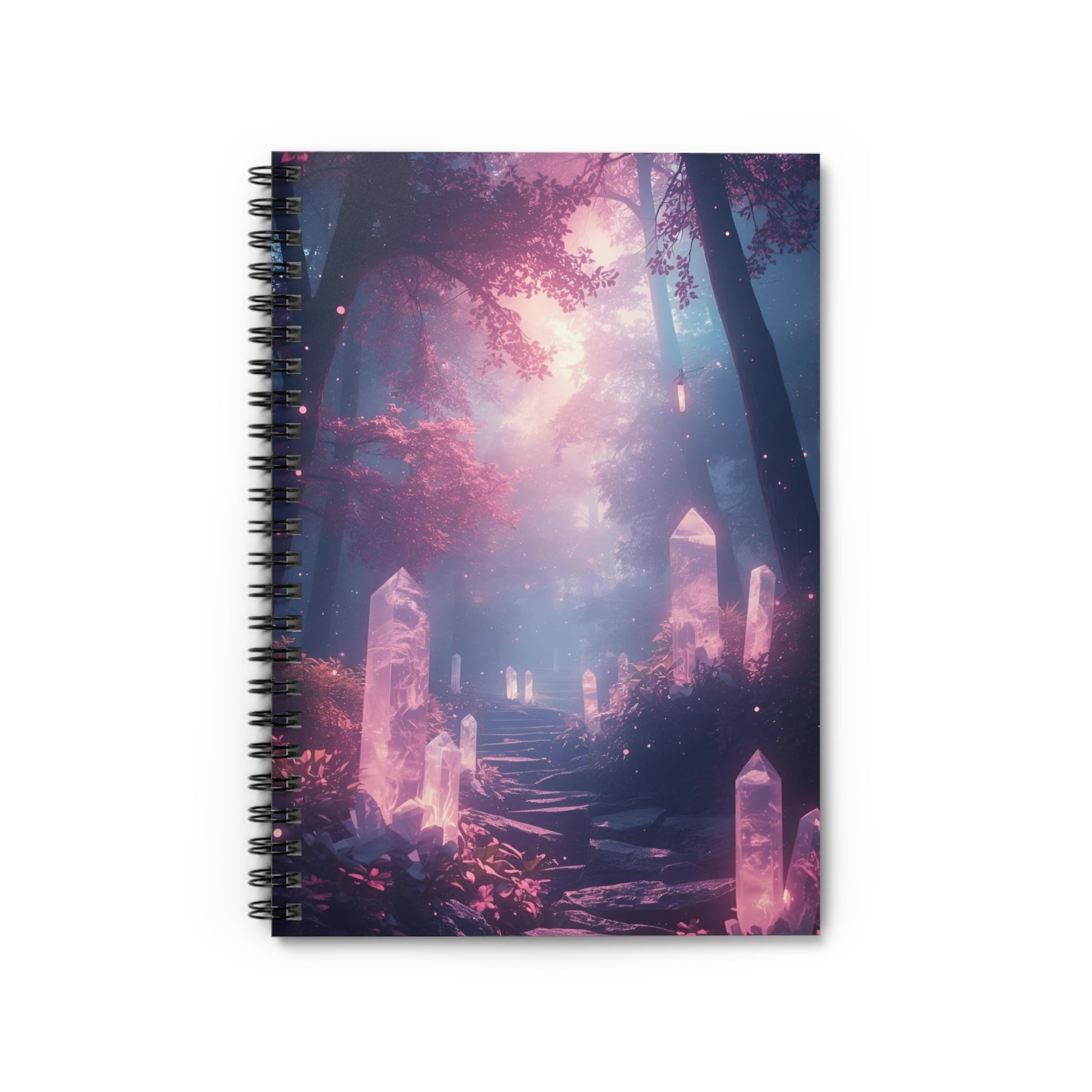 Notebook with a fantasy landscape design featuring trees and architecture.