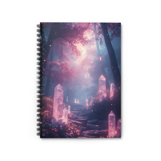 Notebook with a fantasy landscape design featuring trees and architecture.