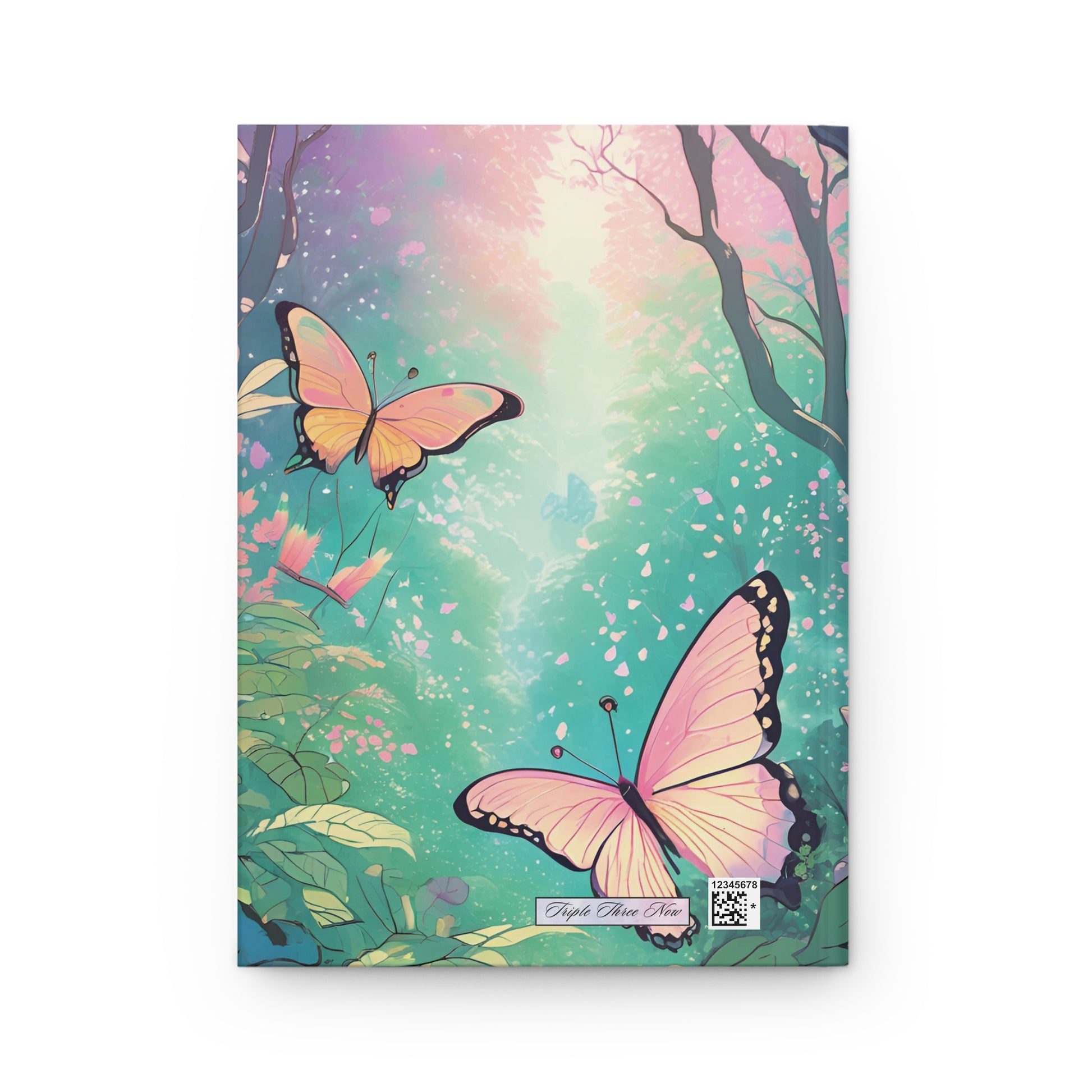 Notebook cover with pink butterflies and a colorful forest design on a white background