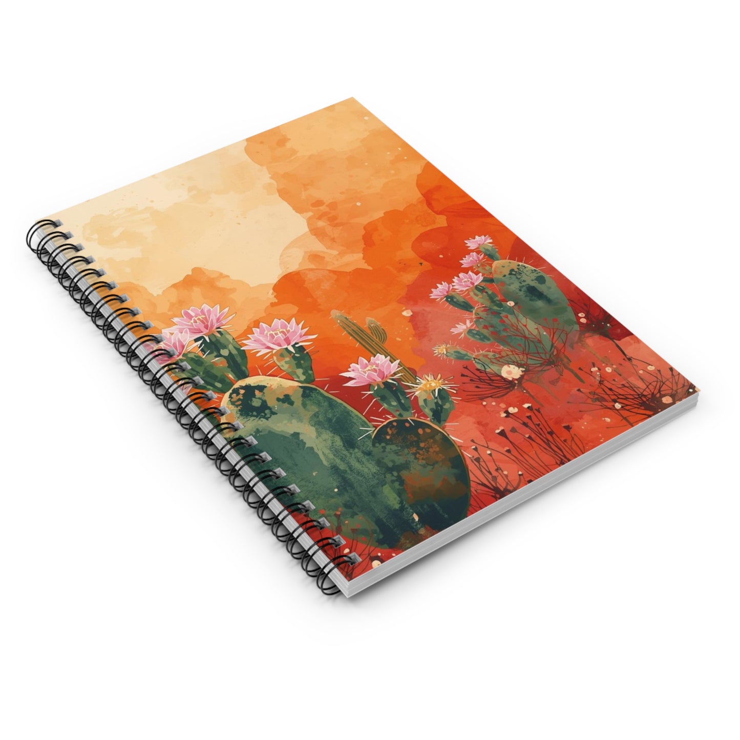 Spiral-bound notebook with a cactus and flower design on an orange and red background