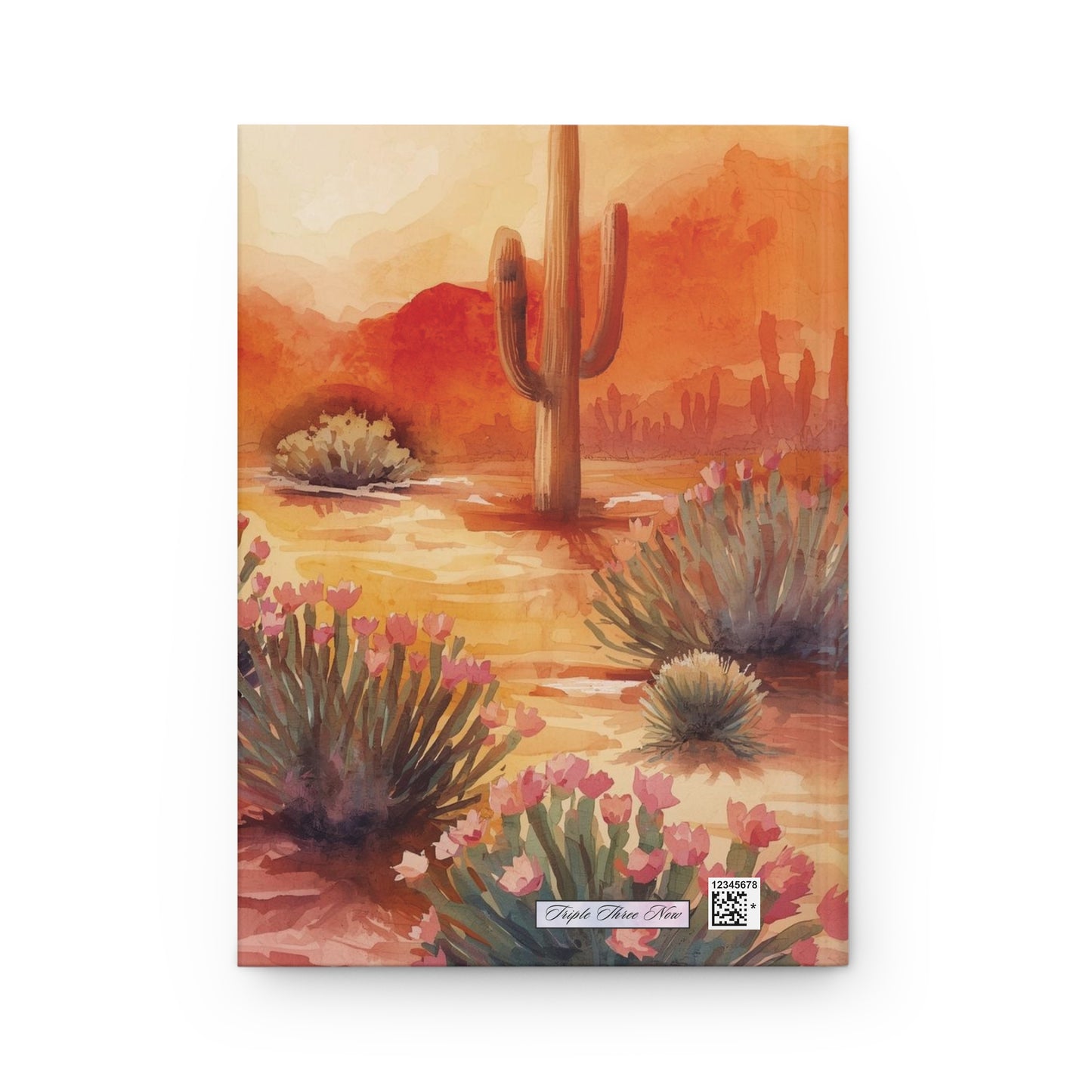Notebook cover with a desert landscape featuring a cactus and pink flowers on a white background