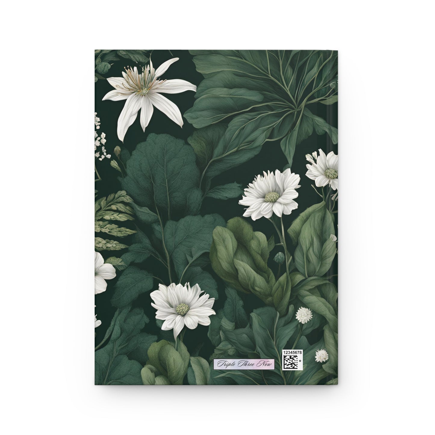 Notebook cover with white flowers and green leaves on a dark background