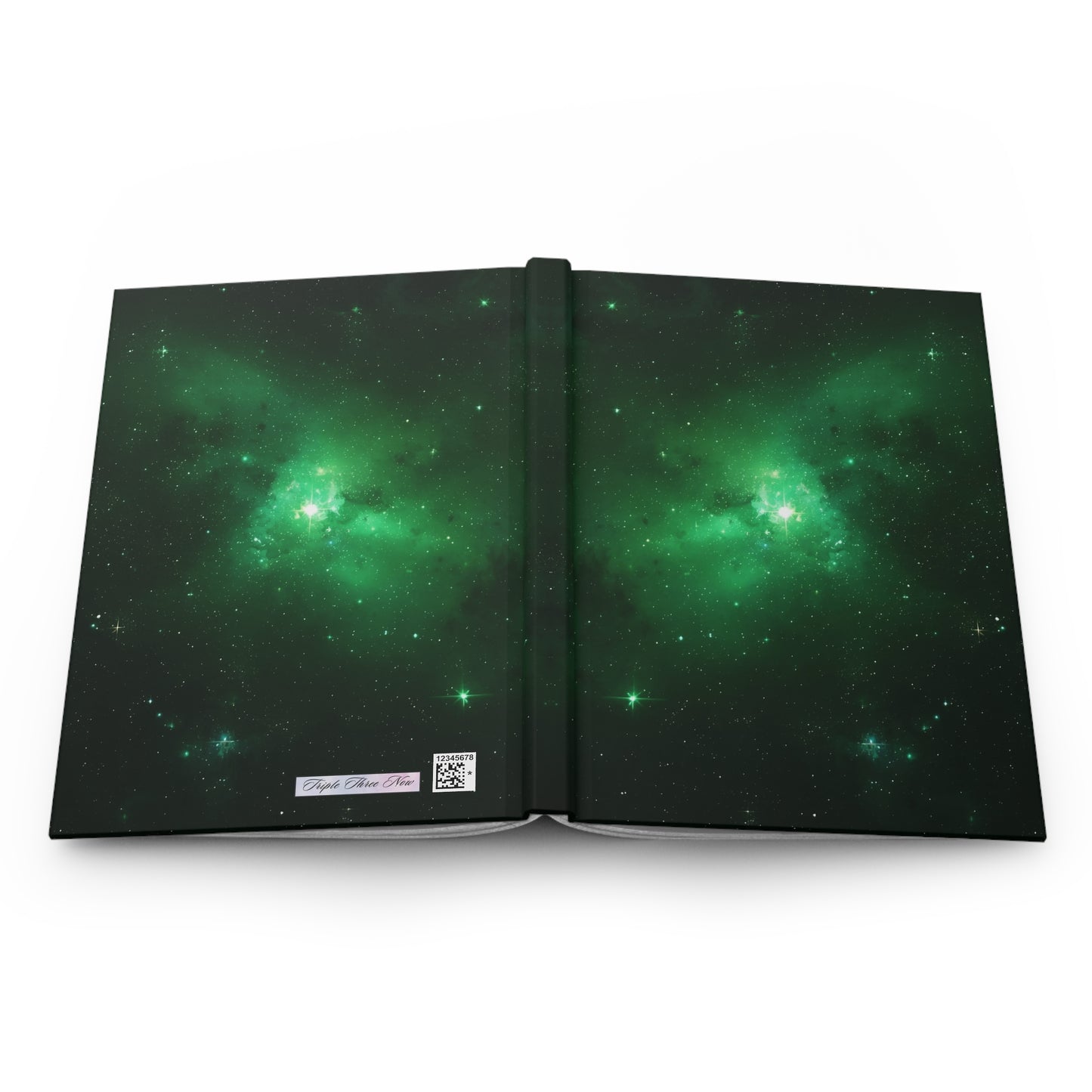 Open book with green cosmic design on a white background