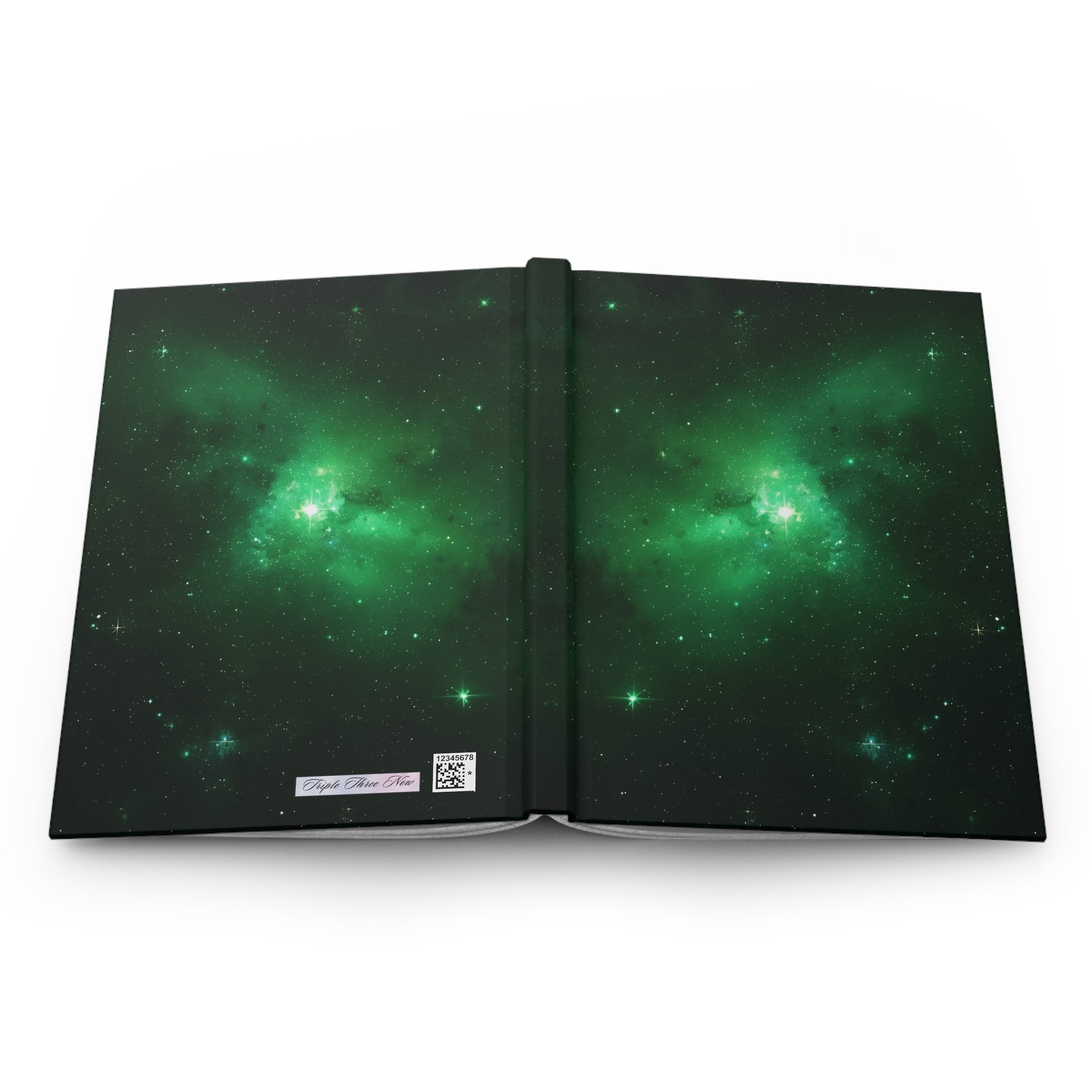 Open book with green cosmic design on a white background