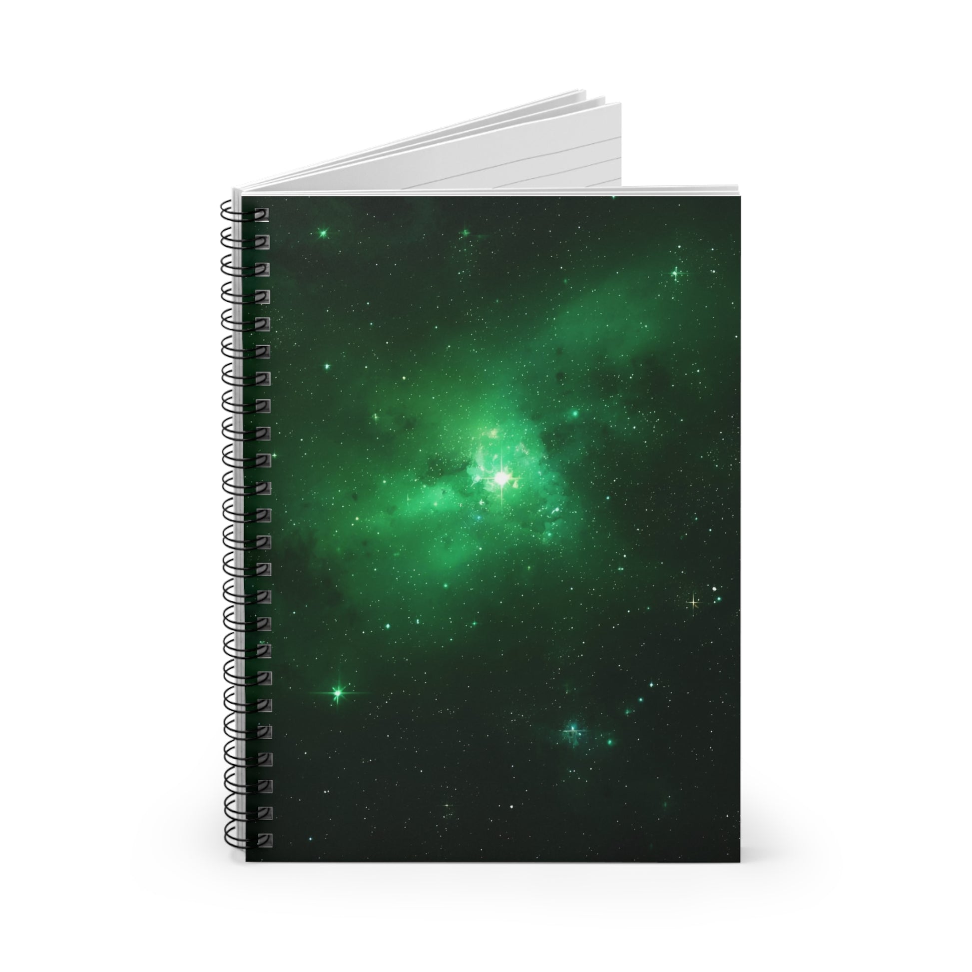 Notebook with a green galaxy design on a white background