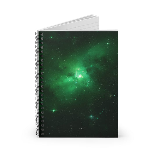 Notebook with a green galaxy design on a white background