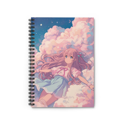 Notebook with an illustration of a girl in a dress on clouds and stars, on a white background.